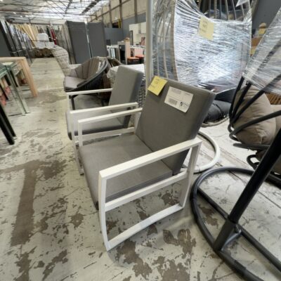 SAMPLE FURNITURE - OUTDOOR SINGLE OUTDOOR DINING CHAIR, WHITE POWDER COATED FINISH WITH CUSHIONS RRP$250