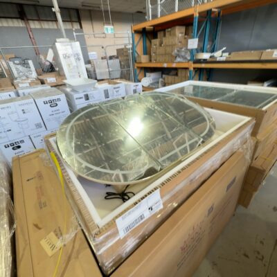 NEW OVAL 1200MM SHAVING CABINET, NATURAL TIMBER, WITH 3 DOORS, MODEL LED OSH-12075A8  **HAS LED LIGHTS BUT THEY ARE FAULTY/INTERMITTENT, SOLD AS MIRROR SHAVING CABINET ONLY**