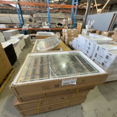 NEW 1200MM X 750MM NATURAL TIMBER SHAVING CABINET WITH MIRROR DOORS, PSH-12075A8 **HAS LED LIGHTS BUT THEY ARE FAULTY/INTERMITTENT, SOLD AS MIRROR SHAVING CABINET ONLY**