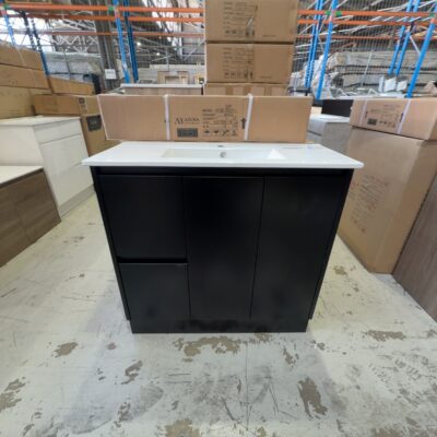 NEW 900MM MATTE BLACK FLOOR VANITY WITH CERAMIC TOP, SK32-900WLBM & UV32 900