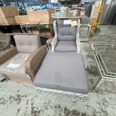 SAMPLE FURNITURE - OUTDOOR RATTAN RECLINER WITH RATTAN OTTOMAN WITH CUSHIONS RRP$1079