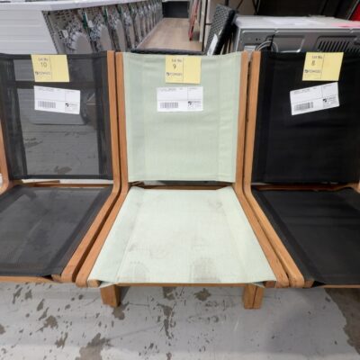 EX DISPLAY - TIMBER FRAMED SLING CHAIR, GREEN SEAT, SOLD AS IS