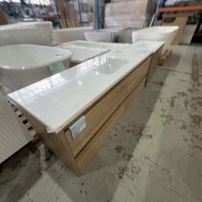 NEW AULIC LEO WALL HUNG TIMBER LOOK 1500MM VANITY WITH PURE SOLID SURFACE VANITY TOP WITH SINGLE UNDERMOUNT BOWL RRP$2385 CAWH04-1500S-ST56