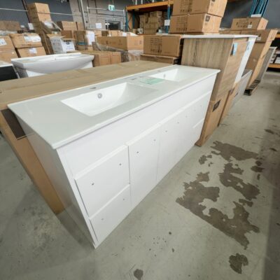 NEW AULIC ROCKY 1500MM FLOOR VANITY GLOSS WHITE WITH DOUBLE BOWL CRYSTAL CERAMIC VANITY TOP, CA12-1500D-CT28 RRP$2600