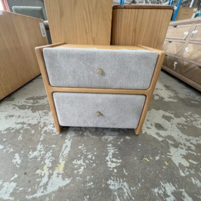 EX DISPLAY ALICE AMERICAN OAK UPHOLSTERED BEDSIDE TABLE, SOLD AS IS EX DISPLAY ALICE AMERICAN OAK UPHOLSTERED BEDSIDE TABLE, SOLD AS IS