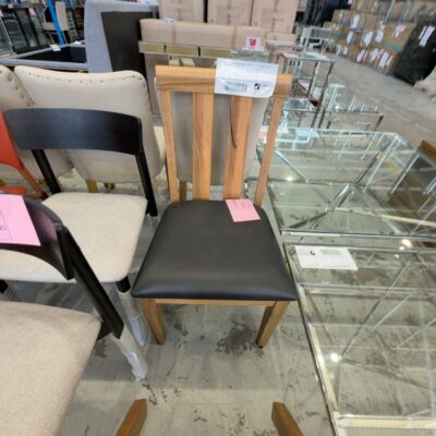 SAMPLE ORLANDO MARRI TIMBER, LEATHER SEAT DINING CHAIR SOLD AS IS