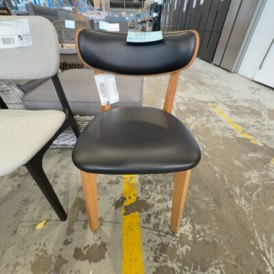 EX DISPLAY COWEN DINING CHAIR, BLACK LEATHER & MESSMATE TIMBER, SOLD AS IS