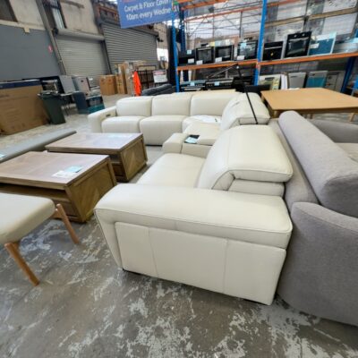 SAMPLE - DAKOTA STONE LEATHER CORNER LOUNGE SUITE, WITH 3 ELECTRIC RECLINER AND HEADRESTS, WIRELESS CHARGING, USB CHARGING & STORAGE & DRINK HOLDER MODULE WITH LIGHT, FOLD OUT ARMCHAIR SIDE STORAGE WITH CUP HOLDERS, SOLD AS IS SAMPLE - DAKOTA STONE LEATHER CORNER LOUNGE SUITE, WITH 3 ELECTRIC RECLINER AND HEADRESTS, WIRELESS CHARGING, USB CHARGING & STORAGE & DRINK HOLDER MODULE WITH LIGHT, FOLD OUT ARMCHAIR SIDE STORAGE WITH CUP HOLDERS, SOLD AS IS