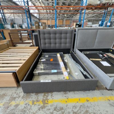 EX DISPLAY HOWARD QUEEN GASLIFT BEDFRAME, DARK GREY FABRIC, SOLD AS IS