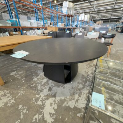 EX DISPLAY LAMBERT 1600MM ROUND BLACK OAK DINING TABLE, **MISSING SCREWS TO ATTACH TABLE TO BASE, HOLE IN TOP**, SOLD AS IS EX DISPLAY LAMBERT 1600MM ROUND BLACK OAK DINING TABLE, **MISSING SCREWS TO ATTACH TABLE TO BASE, HOLE IN TOP**, SOLD AS IS