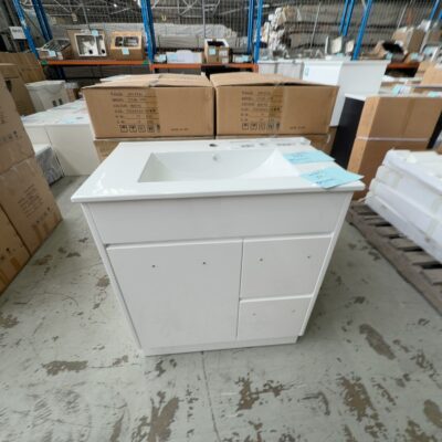 NEW AULIC ROCKY 750MM FLOOR VANITY, GLOSS WHITE WITH DRAWERS RIGHT WITH CRYSTAL CERAMIC VANITY TOP, CA12-750R-CT28