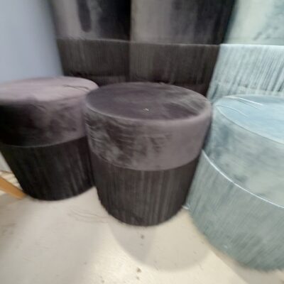 EX STAGING - BLACK VELVET TASSLE ROUND OTTOMAN, SOLD AS IS