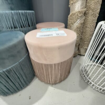 EX STAGING - BEIGE VELVET TASSLE ROUND OTTOMAN, SOLD AS IS EX STAGING - BEIGE VELVET TASSLE ROUND OTTOMAN, SOLD AS IS