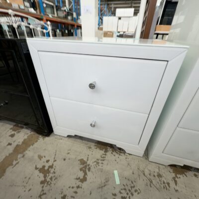 NEW BOULEVARD WHITE GLASS BEDSIDE TABLE WITH CRYSTAL KNOB, AU0085