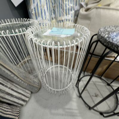 EX STAGING - WHITE METAL SIDE TABLE WITH MIRROR TOP, SOLD AS IS