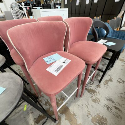 EX STAGING - PINK VELVET BARSTOOL WITH WHITE PIPING, SOLD AS IS