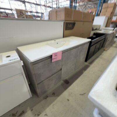 NEW LOLA WALL HUNG 1200MM GREY VANITY, WITH DRAWERS LEFT HAND, WITH WHITE CRYSTAL CERAMIC TOP, CAWH11-1200L & CT28/1200