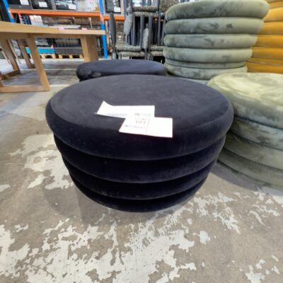 EX HIRE - ROUND BLACK VELVET OTTOMAN, SOLD AS IS