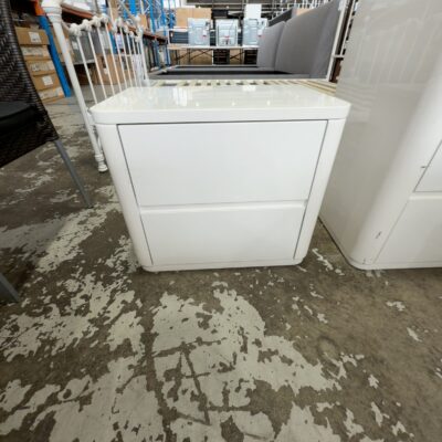 EX DISPLAY ALANYA WHITE GLOSS BEDSIDE, SLIGHT DAMAGE, SOLD AS IS