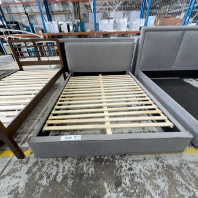 EX DISPLAY ERROL GREY UPHOLSTERED QUEEN BEDFRAME, SOLD AS IS