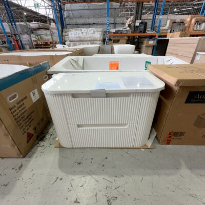 AULIC 900MM CURVA WALL HUNG VANITY, CURVED FLUTED CABINET WITH CURVED STONE TOP, RRP$2199, CAWH46-900-ST26FT AULIC 900MM CURVA WALL HUNG VANITY, CURVED FLUTED CABINET WITH CURVED STONE TOP, RRP$2199, CAWH46-900-ST26FT