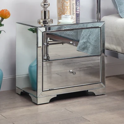 NEW BOULEVARD SILVER MIRROR BEDSIDE TABLE, 2 DRAWER WITH CRYSTAL KNOBS, AU0081
