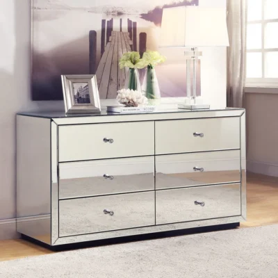 NEW BOULEVARD SILVER MIRROR BEDSIDE TABLE, 2 DRAWER WITH CRYSTAL KNOBS, AU0081