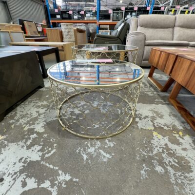 EX STAGING - MEDIUM ROUND MIRROR & GOLD COFFEE TABLE, SOLD AS IS
