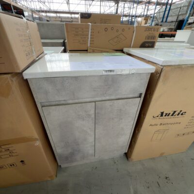 NEW 600MM LOLA GREY FLOOR VANITY, WITH SNOW FLAT STONE TOP CA11-600 & ST46FT