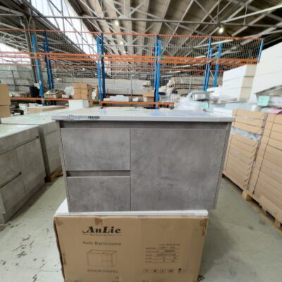 NEW 900MM LOLA GREY WALL HUNG VANITY, DRAWERS LEFT, WITH ALPINE SOLID SURFACE STONE TOP CAW11-900L-ST86FT