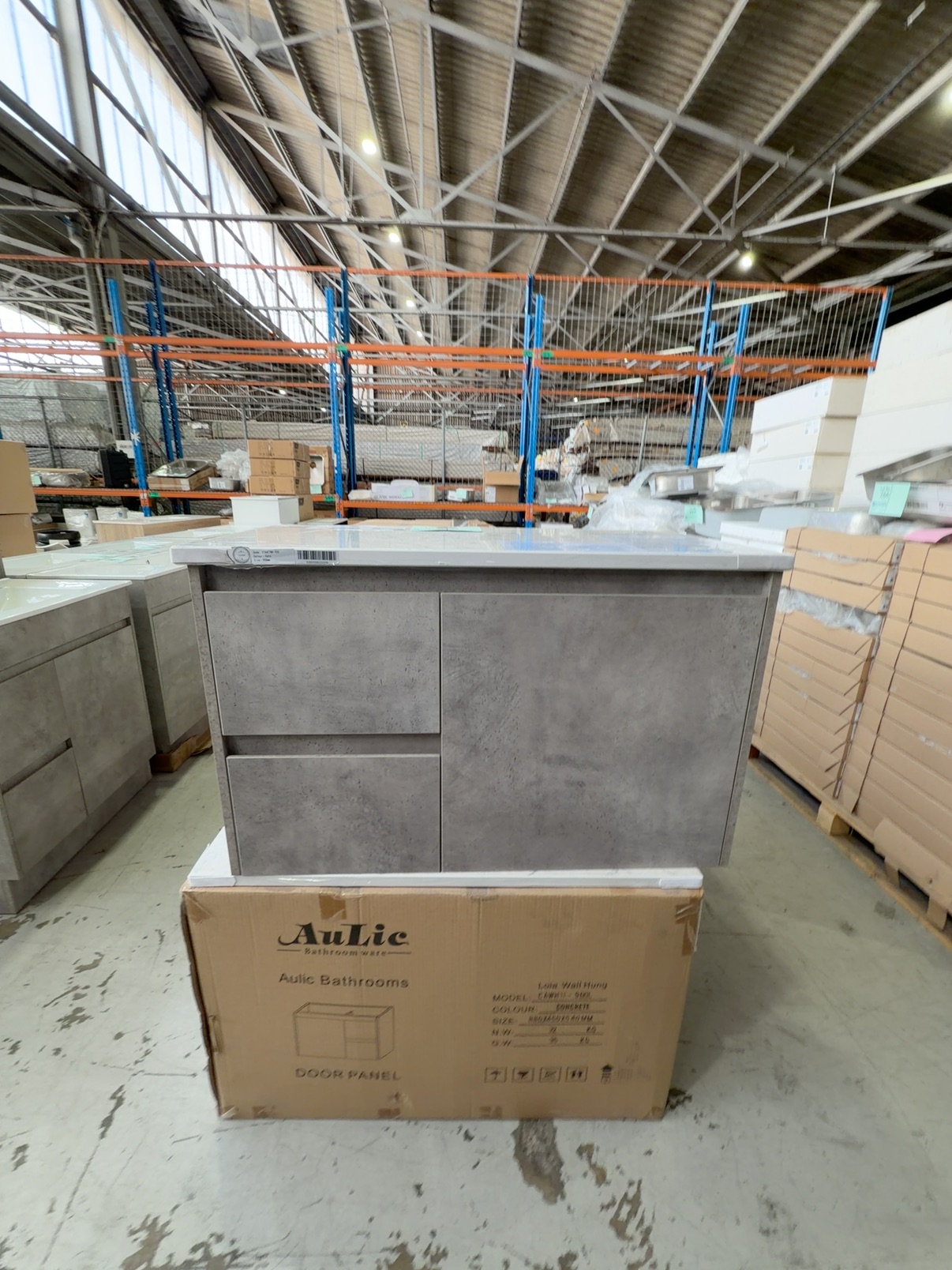 NEW 900MM LOLA GREY WALL HUNG VANITY, DRAWERS LEFT, WITH ALPINE SOLID SURFACE STONE TOP CAW11-900L-ST86FT NEW 900MM LOLA GREY WALL HUNG VANITY, DRAWERS LEFT, WITH ALPINE SOLID SURFACE STONE TOP CAW11-900L-ST86FT