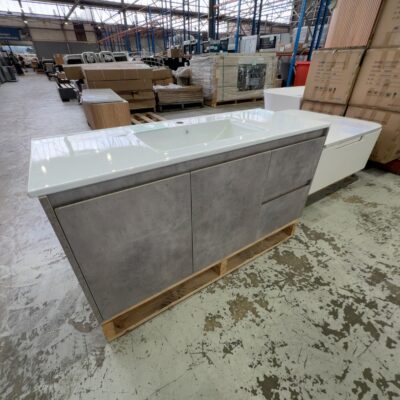 NEW 1200MM LOLA GREY WALL HUNG VANITY, DRAWERS RIGHT, WITH CRYSTAL CERAMIC VANITY TOP CAW11-1200R-CT28 NEW 1200MM LOLA GREY WALL HUNG VANITY, DRAWERS RIGHT, WITH CRYSTAL CERAMIC VANITY TOP CAW11-1200R-CT28