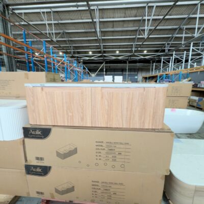 NEW 1500MM AULIC VARCELLI MONO WALL HUNG HARVEST OAK FLUTED CURVED VANITY WITH CURVED STONE TOP RRP$2669, CAWH53-1500/ST86FT NEW 1500MM AULIC VARCELLI MONO WALL HUNG HARVEST OAK FLUTED CURVED VANITY WITH CURVED STONE TOP RRP$2669, CAWH53-1500/ST86FT