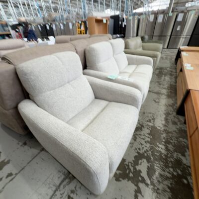EX DISPLAY OSSANA 2 SEATER SOFA WITH SEPARATE ARMCHAIR, COOKIE FABRIC, WITH ELECTRIC RECLINERS & POWERED HEADREST, SOLD AS IS EX DISPLAY OSSANA 2 SEATER SOFA WITH SEPARATE ARMCHAIR, COOKIE FABRIC, WITH ELECTRIC RECLINERS & POWERED HEADREST, SOLD AS IS