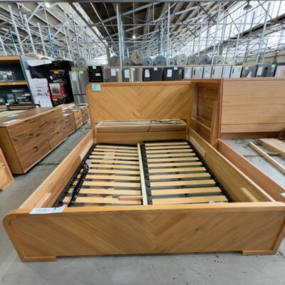 EX DISPLAY EVA KING SIZE GAS LIFT BEDFRAME, MESSMATE CURVED TIMBER, HERRINGBONE, SOLD AS IS