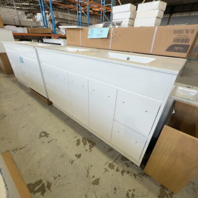 NEW ROCKY 1500MM DOUBLE BOWL FLOOR VANITY, GLOSS WHITE WITH DOUBLE BOWL CERAMIC TOP, CA12-1500D-CT28 RRP$2349
