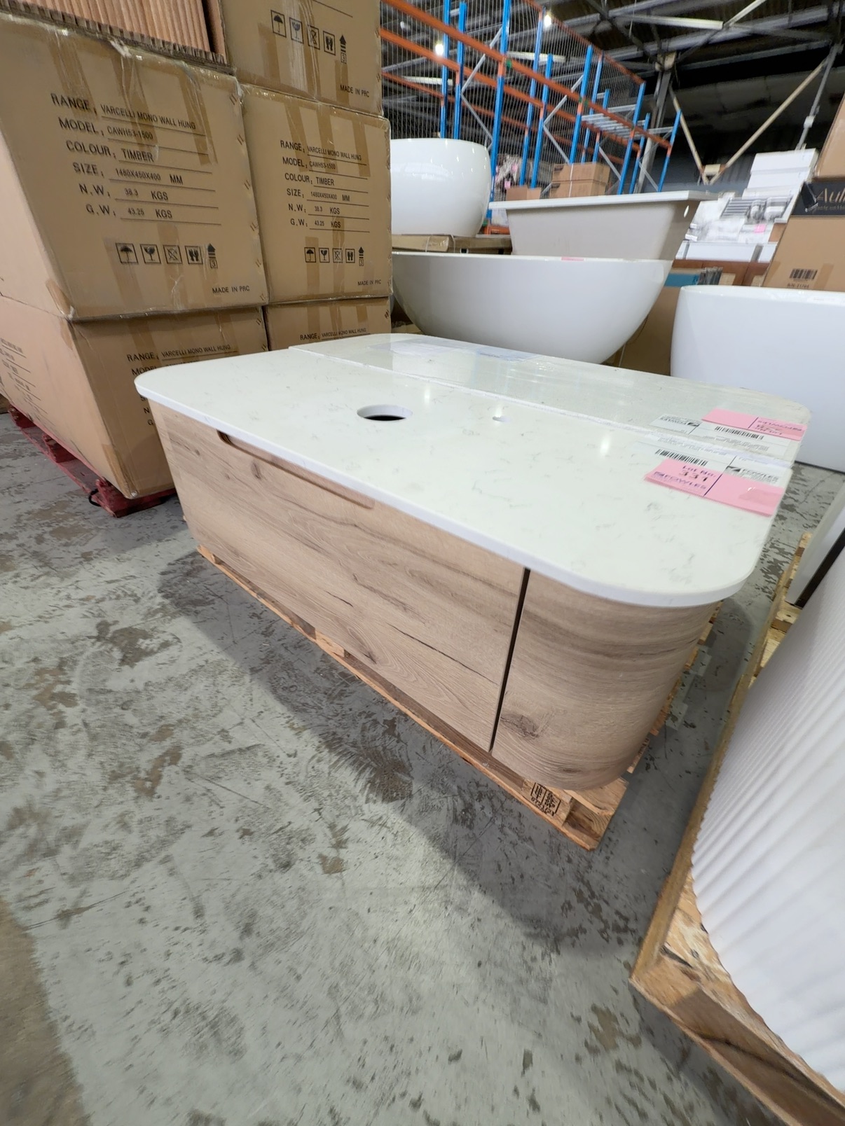 AULIC HAMILTON 1200MM WALL HUNG CURVED PLYWOOD VANITY WITH CATO STONE TOP, RRP$2215 CAWH39-1200-ST26FT AULIC HAMILTON 1200MM WALL HUNG CURVED PLYWOOD VANITY WITH CATO STONE TOP, RRP$2215 CAWH39-1200-ST26FT