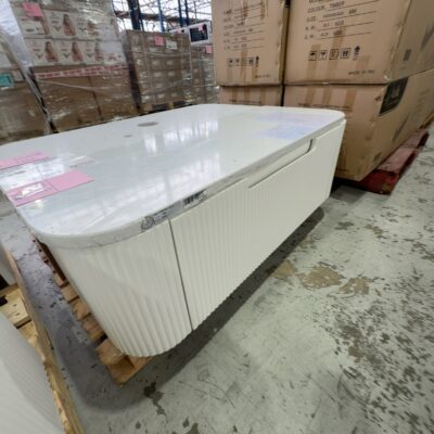 AULIC PETRA MARK II WALL HUNG 1200MM VANITY, CURVED V GROOVE MATTE WHITE WITH SNOW FLAT STONE TOP, CAWH402-1200-ST46FT RRP$2295