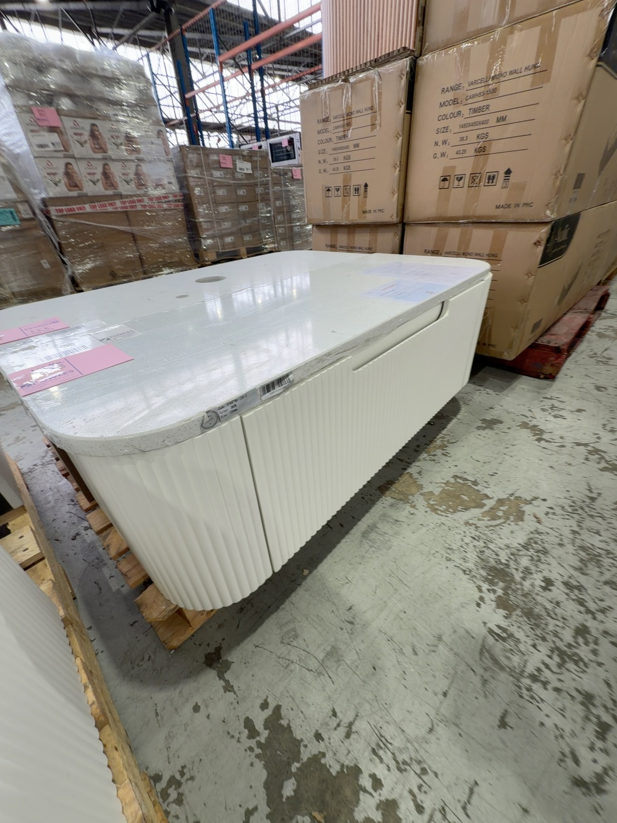 AULIC PETRA MARK II WALL HUNG 1200MM VANITY, CURVED V GROOVE MATTE WHITE WITH SNOW FLAT STONE TOP, CAWH402-1200-ST46FT RRP$2295 AULIC PETRA MARK II WALL HUNG 1200MM VANITY, CURVED V GROOVE MATTE WHITE WITH SNOW FLAT STONE TOP, CAWH402-1200-ST46FT RRP$2295