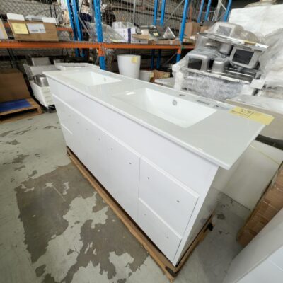 AULIC ROCKY 1500MM DOUBLE BOWL VANITY, GLOSS WHITE WITH CRYSTAL CERAMIC TOP RRP$2349  CA12-1500D-CT28