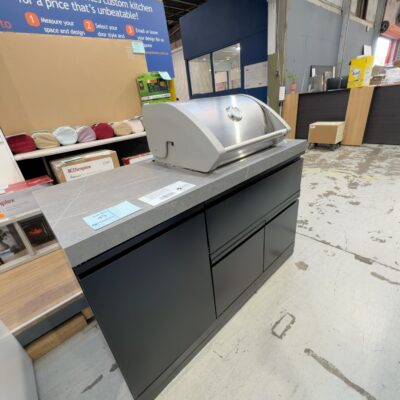 BRAND NEW TC2K-MK2 CROSSWAY COMPACT OUTDOOR BBQ KITCHEN WITH 2 BURNER GAS LPG BBQ, WITH GREY SINTERED STONE TOP, HIGH INTENSITY BBQ FLUSHMOUNT, 1385 LONG X 610 DEEP X 1403MM HIGH, BLACK POWDER COATED CABINETS RRP$4099 WITH 3 MONTH WARRANTY (NEW BOXED STOCK, FLAT PACKED CABINETRY)