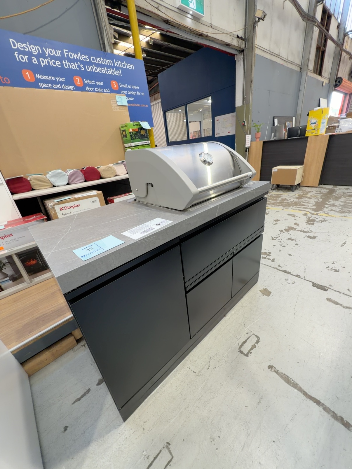 BRAND NEW TC2K-MK2 CROSSWAY COMPACT OUTDOOR BBQ KITCHEN WITH 2 BURNER GAS LPG BBQ, WITH GREY SINTERED STONE TOP, HIGH INTENSITY BBQ FLUSHMOUNT, 1385 LONG X 610 DEEP X 1403MM HIGH, BLACK POWDER COATED CABINETS RRP$4099 WITH 3 MONTH WARRANTY (NEW BOXED STOCK, FLAT PACKED CABINETRY) BRAND NEW TC2K-MK2 CROSSWAY COMPACT OUTDOOR BBQ KITCHEN WITH 2 BURNER GAS LPG BBQ, WITH GREY SINTERED STONE TOP, HIGH INTENSITY BBQ FLUSHMOUNT, 1385 LONG X 610 DEEP X 1403MM HIGH, BLACK POWDER COATED CABINETS RRP$4099 WITH 3 MONTH WARRANTY (NEW BOXED STOCK, FLAT PACKED CABINETRY)