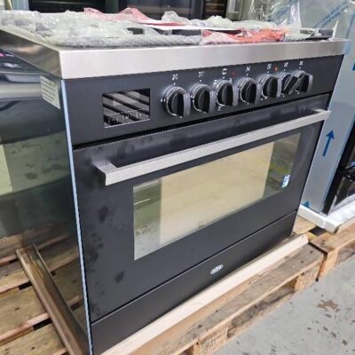 NEW BELLING MATTE BLACK 900MM DUAL FUEL FREESTANDING OVEN BDU958DBK,5 GAS BURNERS, 8 COOKING FUNCTIONS, NEW, SOLD AS IS NO WARRANTY