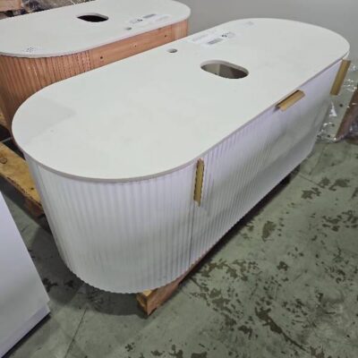 EX SHOWROOM DISPLAY 1200MM MATTE WHITE FLUTED WALL HUNG CURVED VANITY WITH WHITE STONE TOP, SOLD AS IS