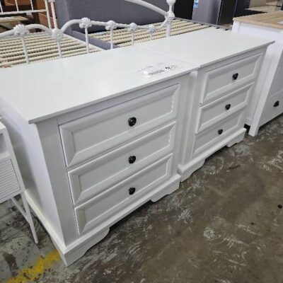 EX DISPLAY HOME STAGING FURNITURE - WHITE TIMBER HAMPTON STYLE BEDSIDE TABLE, SOLD AS IS