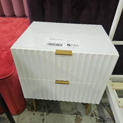 EX DISPLAY HOME STAGING FURNITURE - WHITE TIMBER BEDSIDE WITH FLUTED DRAWERS, SOLD AS IS