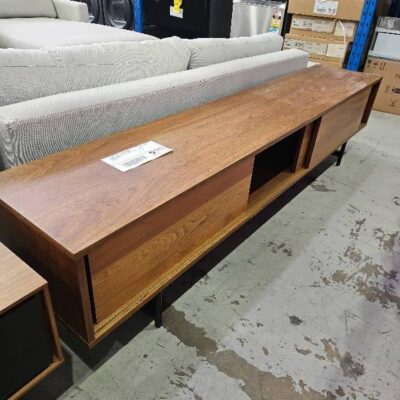 EX DISPLAY HOME STAGING FURNITURE - 2100MM MID CENTURY STYLE TIMBER ENTERTAINMENT UNIT WITH SLIDING DOORS, SOLD AS IS