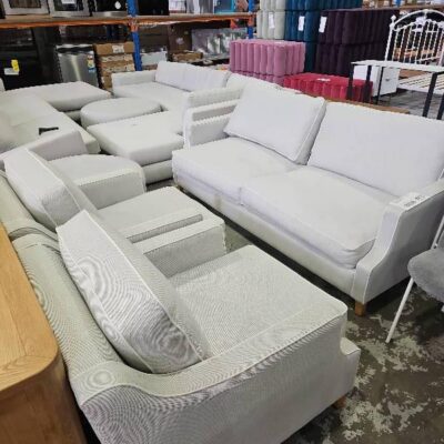 EX DISPLAY HOME STAGING FURNITURE - HAMPTON STYLE LIGHT GREY FABRIC 2.5 SEATER COUCH WITH WHITE PIPING WITH 2 MATCHING ARMCHAIRS, SOLD AS IS EX DISPLAY HOME STAGING FURNITURE - HAMPTON STYLE LIGHT GREY FABRIC 2.5 SEATER COUCH WITH WHITE PIPING WITH 2 MATCHING ARMCHAIRS, SOLD AS IS
