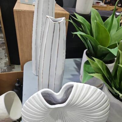 EX DISPLAY HOME STAGING FURNITURE - LOT OF 3 ASSORTED WHITE VASES, SOLD AS IS