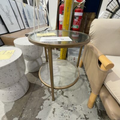 EX DISPLAY HOME STAGING FURNITURE - DARK GOLD & GLASS SIDE TABLE SOLD AS IS